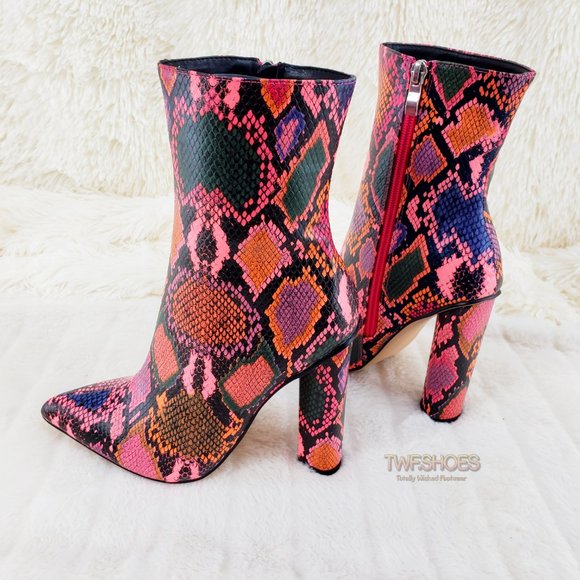 Hot Pink Multi 4" Chunky High Heel Ankle Boots - Picture 10 of 11